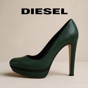 Diesel Melrose Ashly Platform Pumps Green Leather Heels Women’s US 9 EU 39 Slip